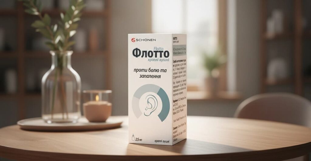 Упаковка вушних крапель від болю Флотто (Flotto) на столі