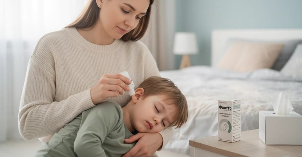 мама капає вушні краплі Флотто (Flotto) дитині у вухо