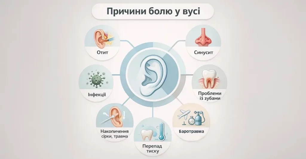 схема: причини болю у вусі